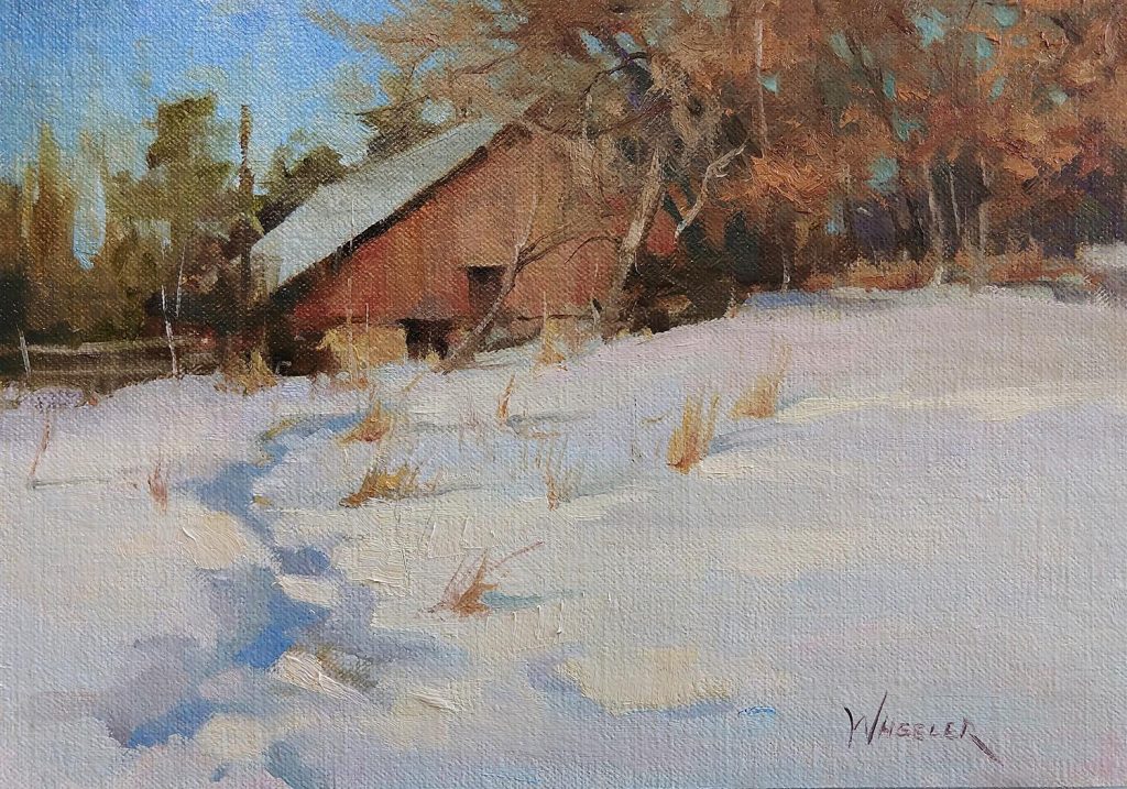 oil painting of barn in snow